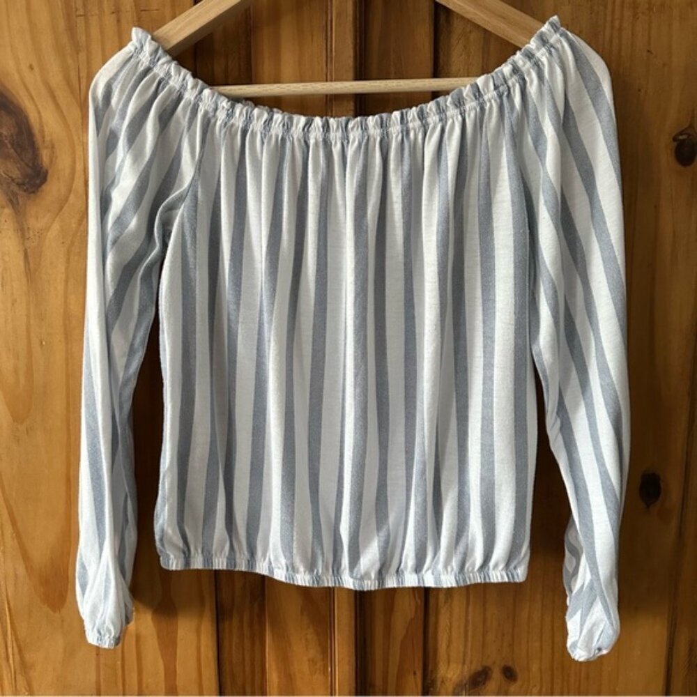 Ardene Vertical Stripe White Blue Off The Shoulder Long Sleeve Top - Medium
